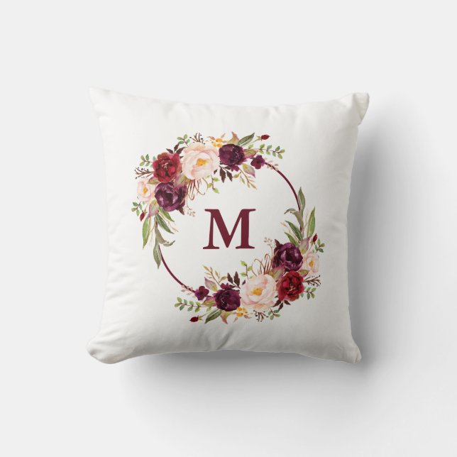 Coussin Aquarelle Bourgogne Floral Monogramme (Recto)