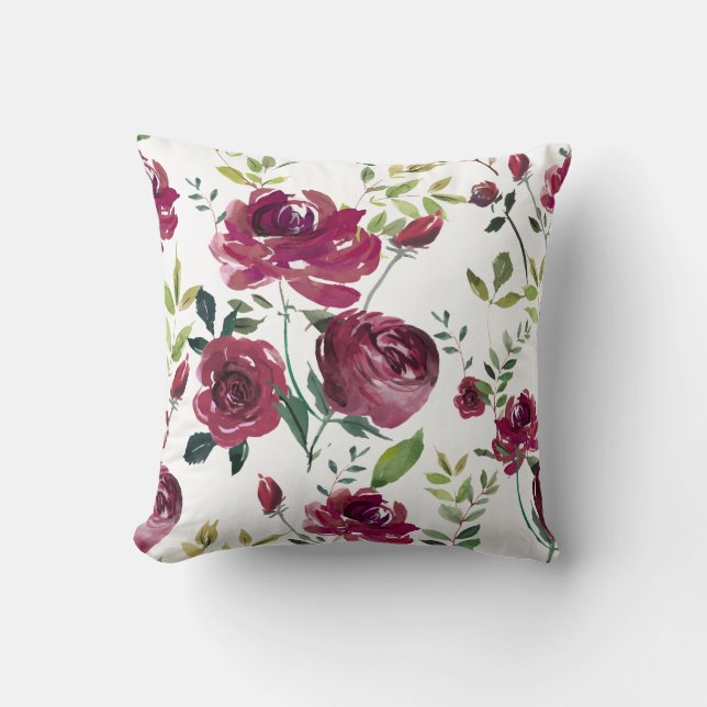 Coussin Aquarelle Bourgogne | Modèle floral (Recto)