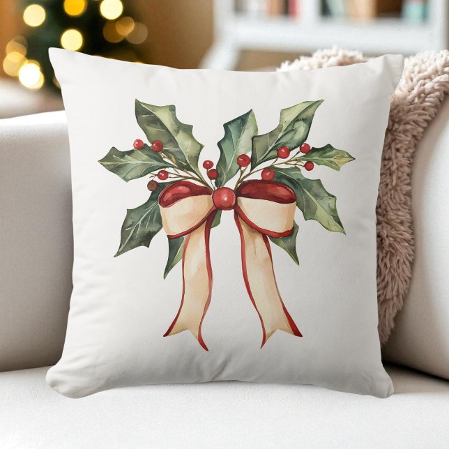 Coussin Aquarelle Bow Noël Holly Moderne Rustique (Watercolor Bow Christmas Holly Modern Rustic Throw Pillow)