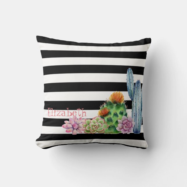 Coussin Aquarelle Cactus, Blancs Succulents Noirs (Recto)