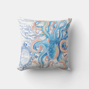 Coussin Aquarelle chic de carte vintage bleue de poulpe