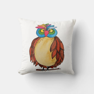 Coussin Aquarelle Chouette magique avec plumes arc-en-ciel