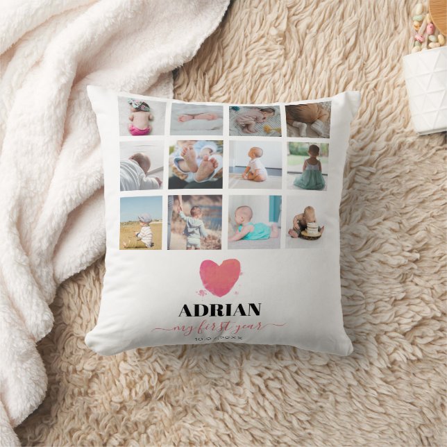Coussin Aquarelle Coeur bébé première année photo Collage (Couverture)