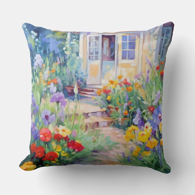Coussin Aquarelle Cottage Jardin rempli de fleurs (Recto)
