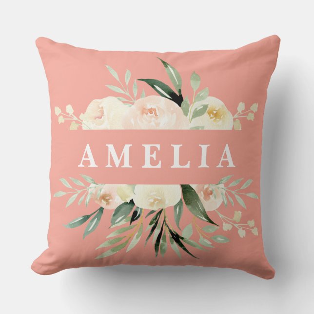 Coussin Aquarelle couleur vert pâle florale personnalisée (Recto)
