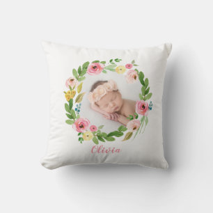 Coussin Aquarelle couronne rose pâle photo personnalisée