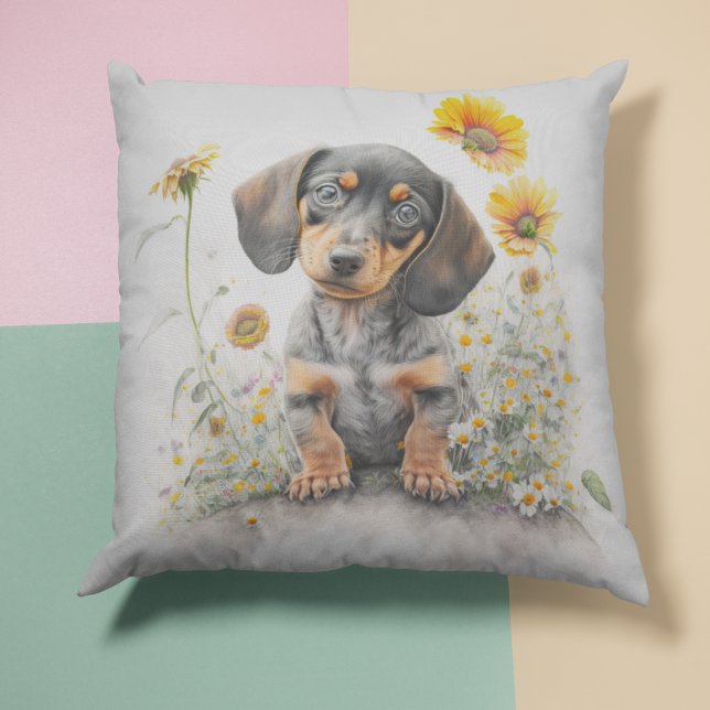 Coussin Aquarelle Dachshund Puppy Floral Thlow Pillow (Créateur téléchargé)