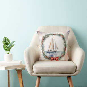 Coussin Aquarelle de bateau à voile de Noël