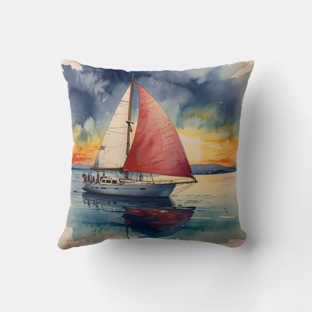 Coussin Aquarelle de bateau sur la peinture de mer goutte  (Verso)