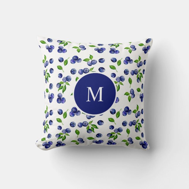 Coussin Aquarelle de bleuet Monogramme Berry Rustic Chic T (Recto)