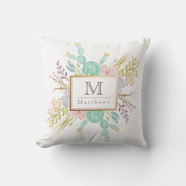 Coussin Aquarelle de bouquet Succulente | Initiale (Recto)