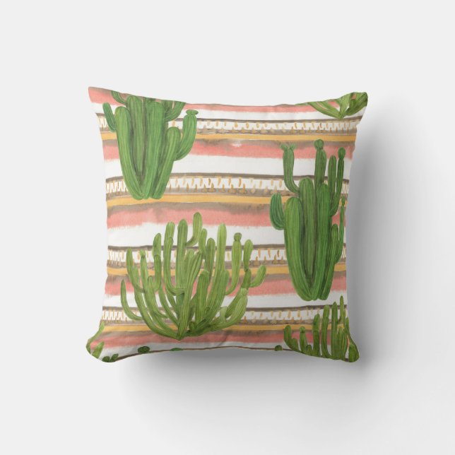Coussin Aquarelle de cactus, arrière - plan rayé, couche t (Recto)