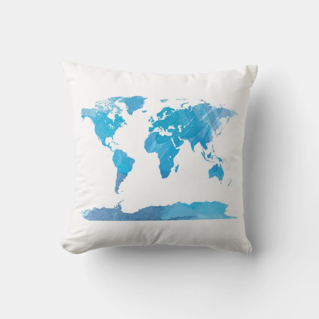 Coussin Aquarelle de carte du monde peignant l'art bleu (Recto)