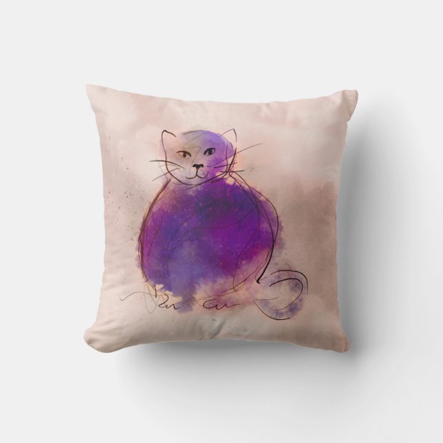 Coussin aquarelle de chat violet blanc (Recto)