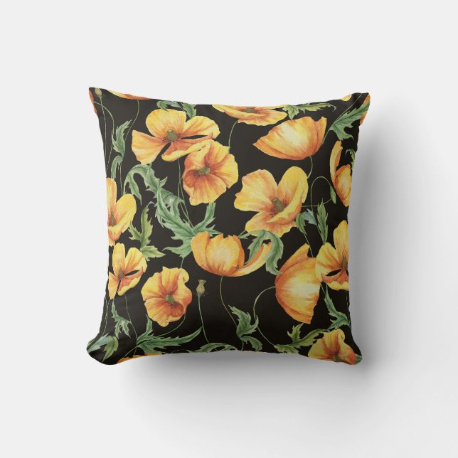 Coussin Aquarelle de coquelicot jaune motif floral (Recto)