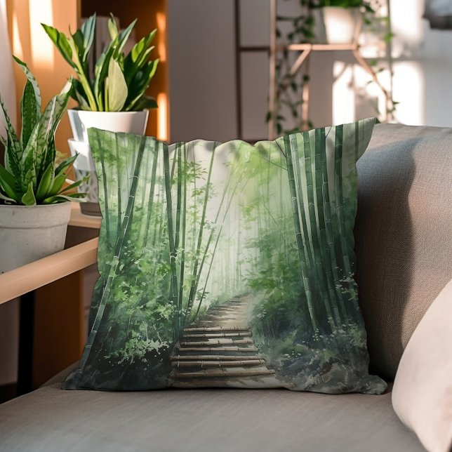 Coussin Aquarelle de la forêt de bambou vert (Créateur téléchargé)