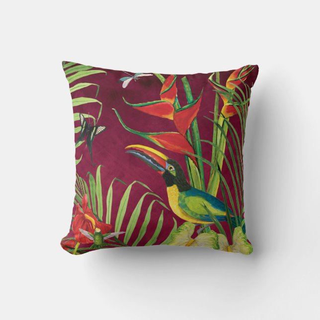 Coussin Aquarelle de la jungle tropicale Toucan Bird Palm  (Recto)
