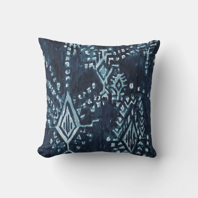 Coussin Aquarelle de la tribu Ikat d'Indigo Satellite (Recto)