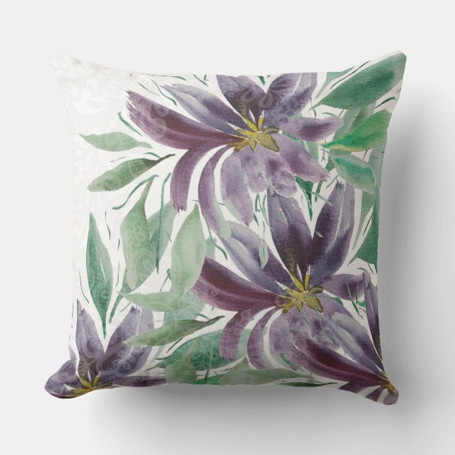 Coussin Aquarelle de lotus vert violet artistique (Recto)