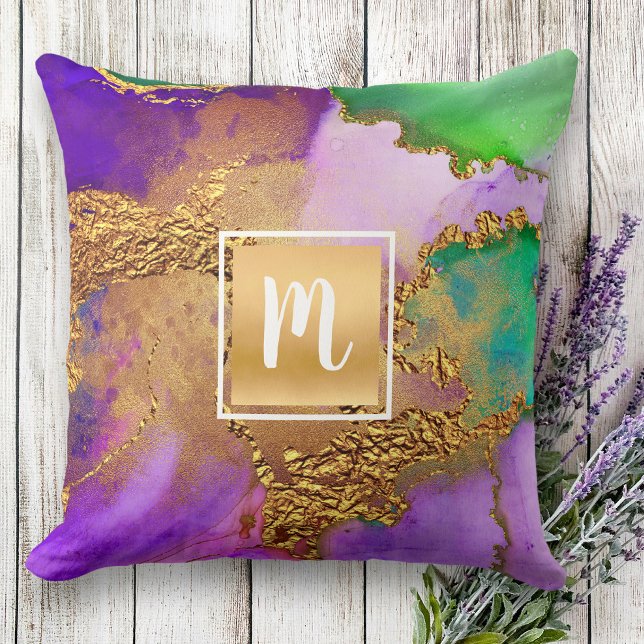 Coussin Aquarelle de marbre or violet vert aqua monogramme (Créateur téléchargé)