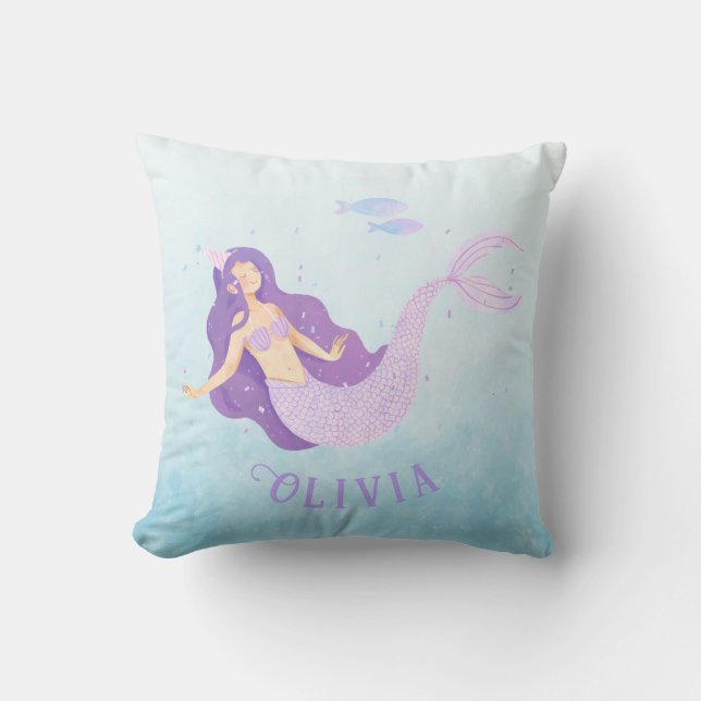 Coussin Aquarelle de sirène mauve mauve fille Anniversaire (Recto)