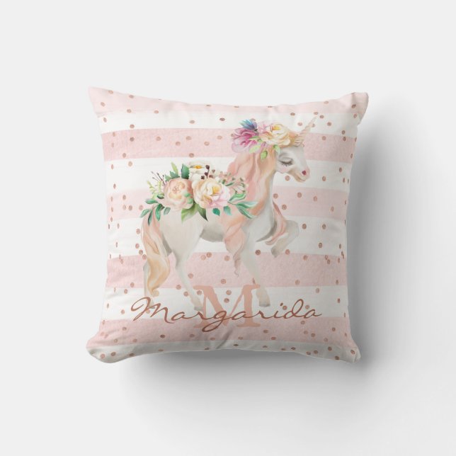 Coussin Aquarelle délicate Unicorne rose Monogramme (Recto)