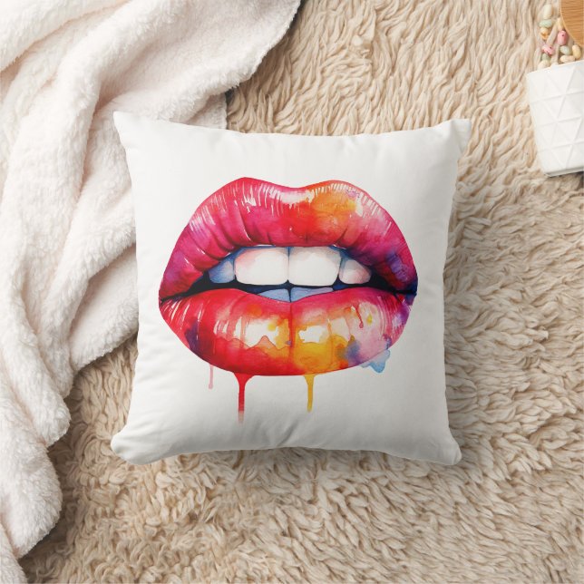 Coussin aquarelle des lèvres femelles peintes en rouge (Couverture)