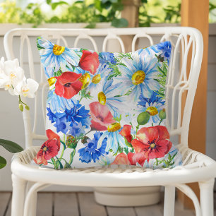 Coussin Aquarelle d'été Floral Bleu Rouge Jaune