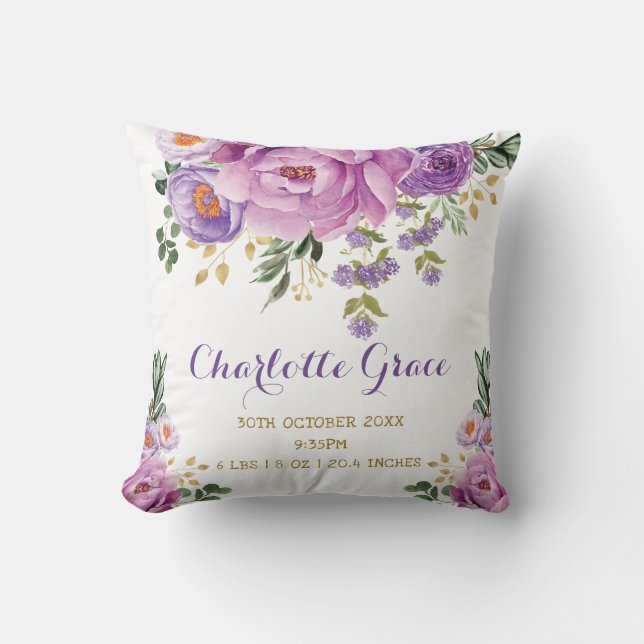 Coussin Aquarelle d'or pourpre Floral Birth Stats Nursery (Recto)