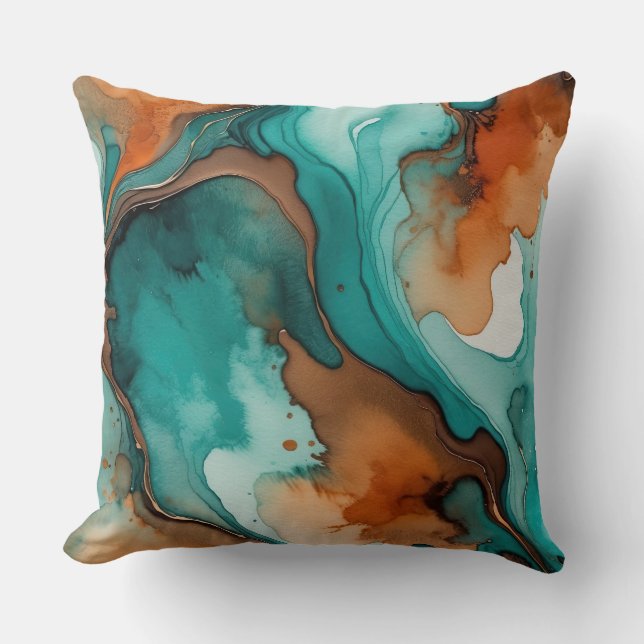 Coussin Aquarelle d'orange brûlé, turquoise et rouille (Recto)