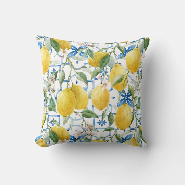 Coussin Aquarelle Été Jaune Citron Bleu Carreaux siciliens (Recto)