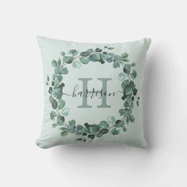 Coussin Aquarelle Eucalyptus Wreath Verdure Monogramme (Recto)