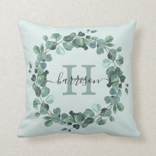Coussin Aquarelle Eucalyptus Wreath Verdure Monogramme