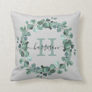 Coussin Aquarelle Eucalyptus Wreath Verdure Monogramme