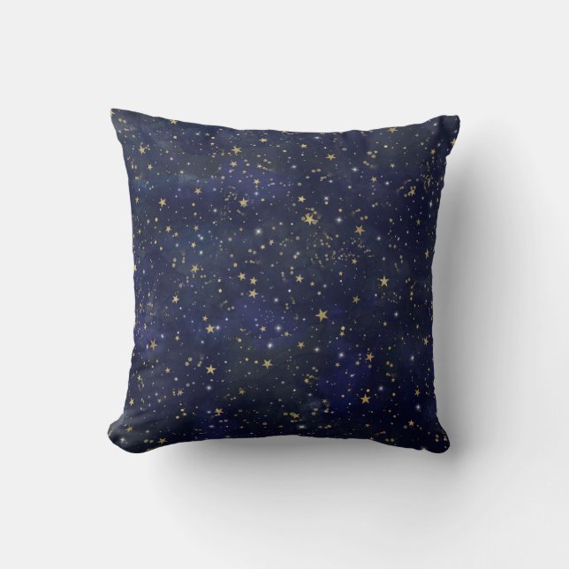 Coussin Aquarelle fantaisiste Étoiles célestes Bleu et Or (Recto)