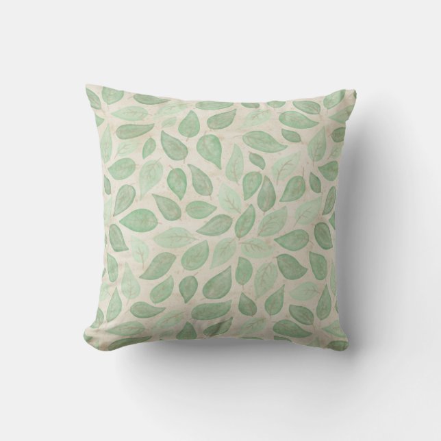 Coussin Aquarelle Feuilles en vert et beige (Recto)