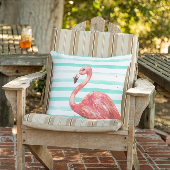 Coussin Aquarelle Flamant rose rose avec bandes Turquoises (Chaise)