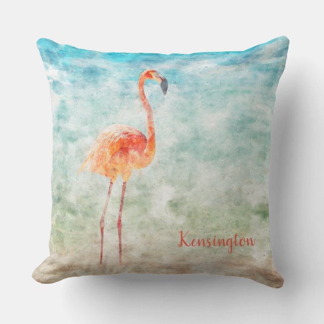 Coussin Aquarelle Flamant rose rose | Plage tropicale (Recto)