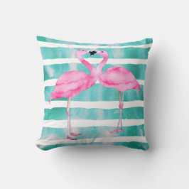 Coussin Aquarelle Flamants roses roses Rayures Turquoise