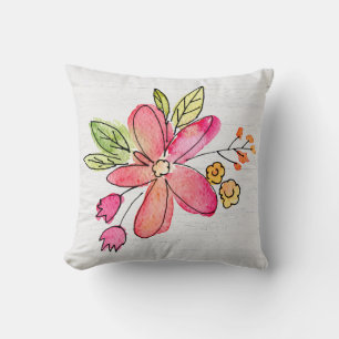 Coussin Aquarelle Fleur Rose Sur Bois Blanchi