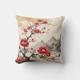 Coussin Aquarelle Fleur rouge japonaise