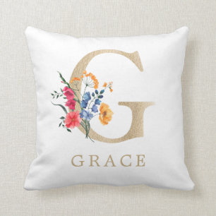 Coussin Aquarelle Fleur Sauvage de Printemps Fausse Lettre