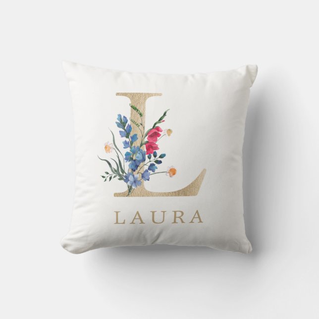 Coussin Aquarelle Fleur sauvage de printemps Faux Gold Let (Recto)