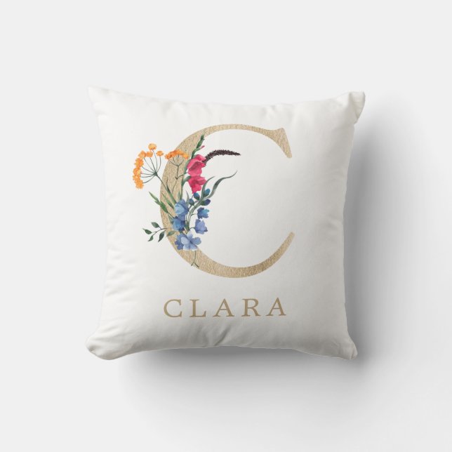 Coussin Aquarelle Fleur Sauvage de Printemps Lettre "C" en (Recto)