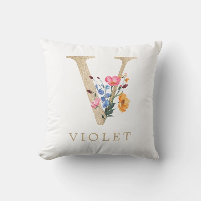 Coussin Aquarelle Fleur Sauvage de Printemps Lettre "V" en (Recto)