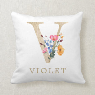 Coussin Aquarelle Fleur Sauvage de Printemps Lettre "V" en