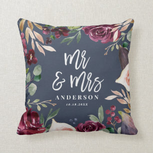 Coussin Aquarelle fleurie + script mariage Mr & Mrs.