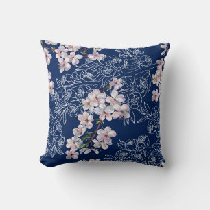 Coussin Aquarelle fleurs de branche cerise avec branche gr