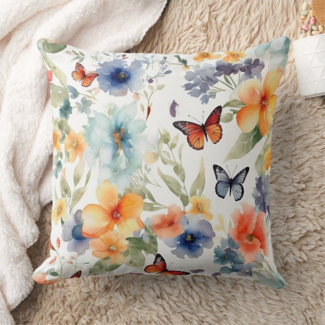 Coussin Aquarelle Fleurs et papillons Imprimer Botanique (Couverture)