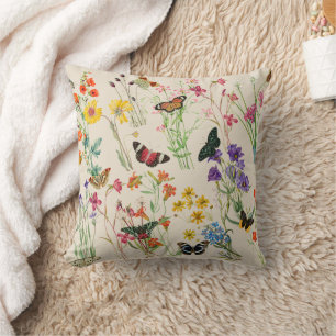 Coussin Aquarelle Fleurs sauvages & papillons Jardin Flora